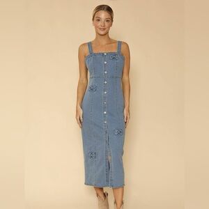 Bow Detail Denim Midi Dress – Button Front – Boutique NWT